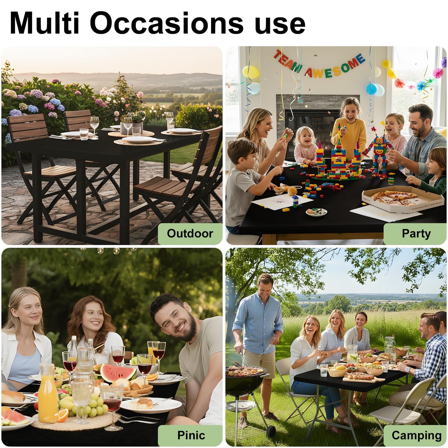 Smiry Rectangle Tablecloth, Elastic Fitted Flannel Backed Vinyl Tablecloths for 6ft Folding Tables, Waterproof Wipeable Table Covers for Indoor, Outdoor, Picnic and Camping (Black, 30"x72")