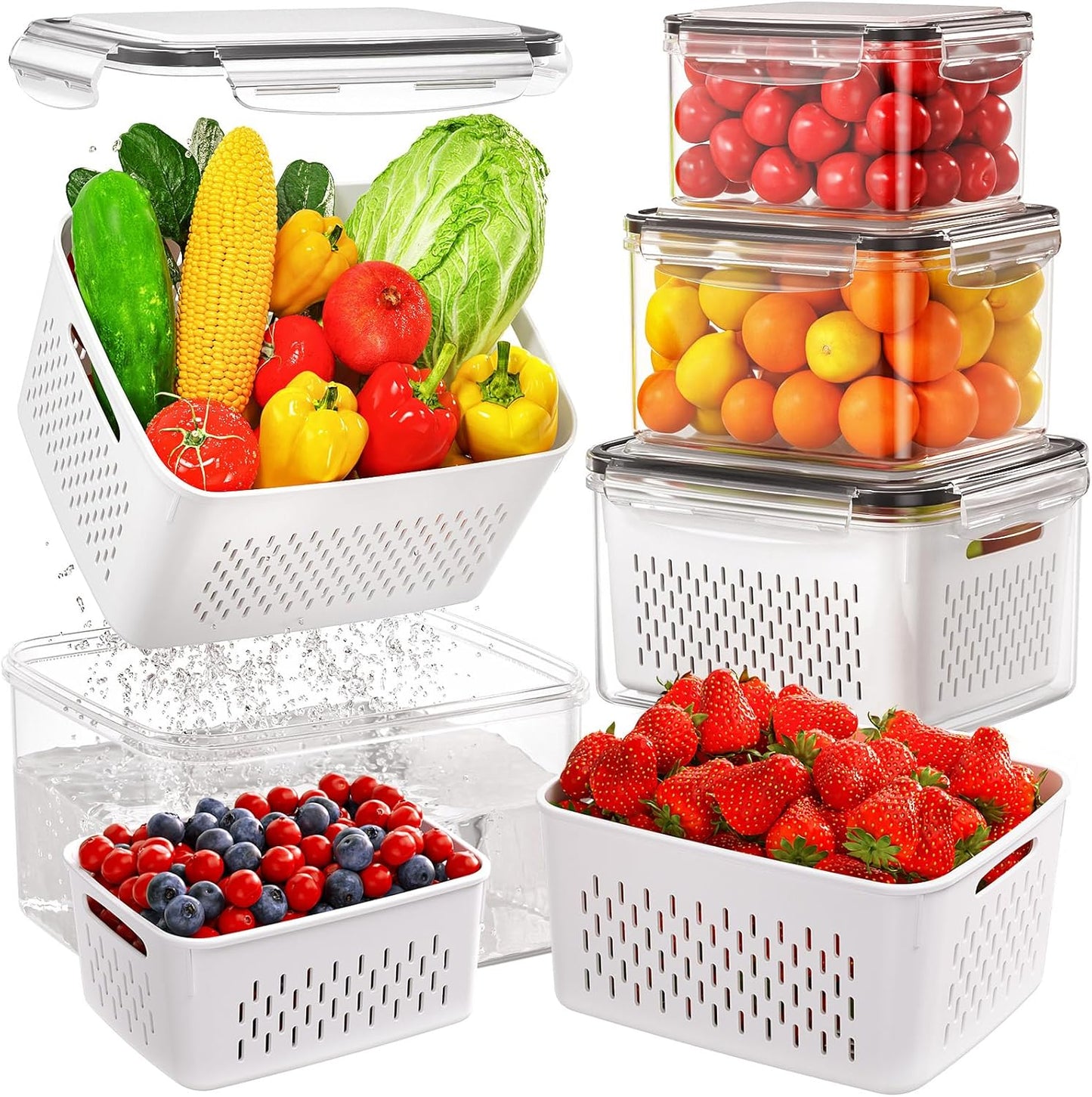 Skiennix 4 PCS Fruit Storage Containers - All-In-One Produce Wash Bowl with Strainer | Microwave & Dishwasher Safe