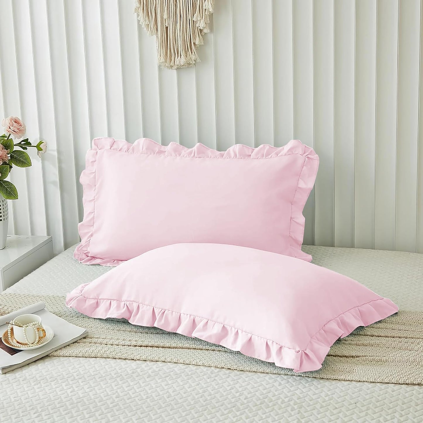 Skiennix Microfiber Ruffle Pillow Shams - Soft & Breathable Decorative Cases | Set of 2, Baby Pink, 20x26