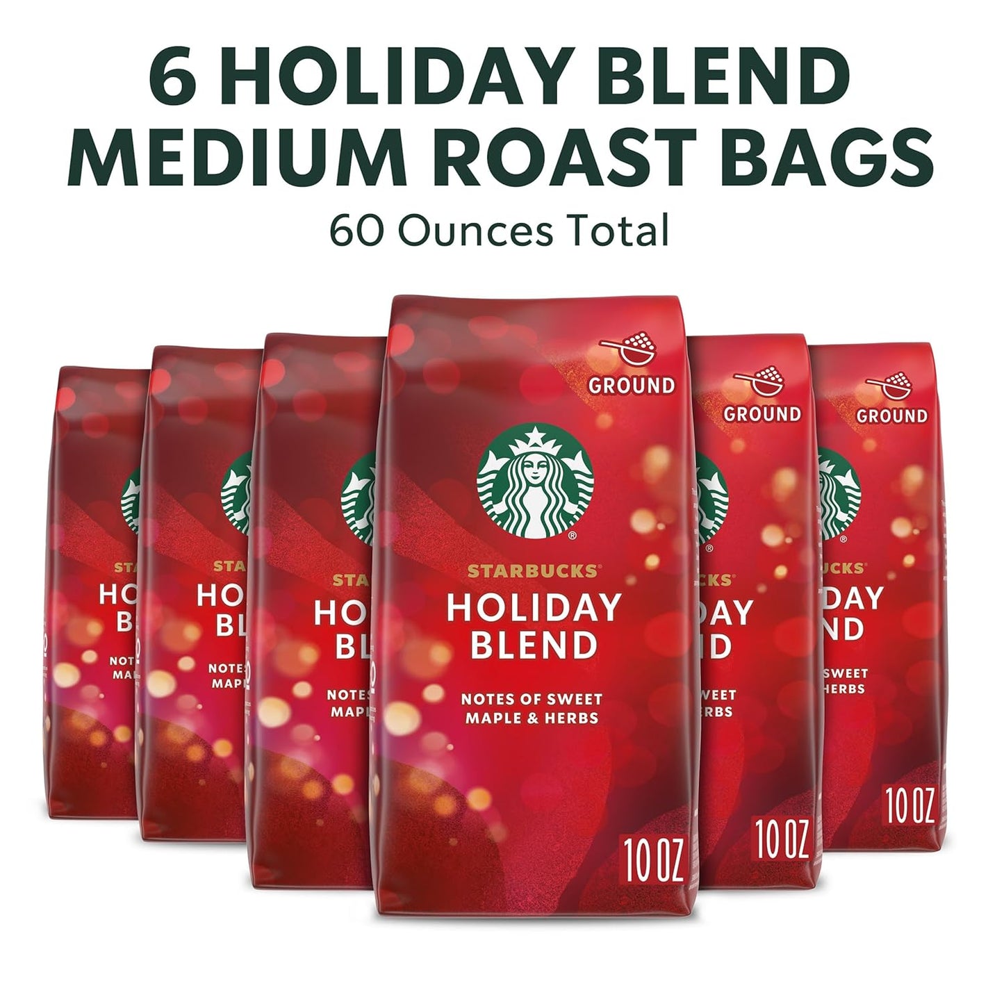Starbucks Ground Coffee - Medium Roast Holiday Blend | 100% Arabica, Limited Edition, 6 Bags (10 Oz Each)