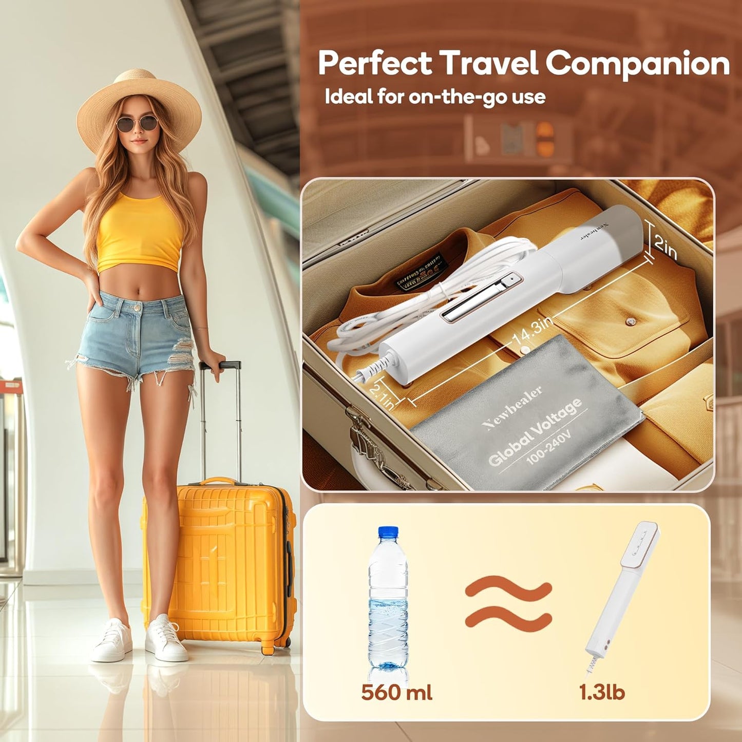 Newbealer Travel Iron - 2-in-1 Clothes Steamer & Dry Iron with Non-Stick Ceramic Soleplate | Gold, 100-240V
