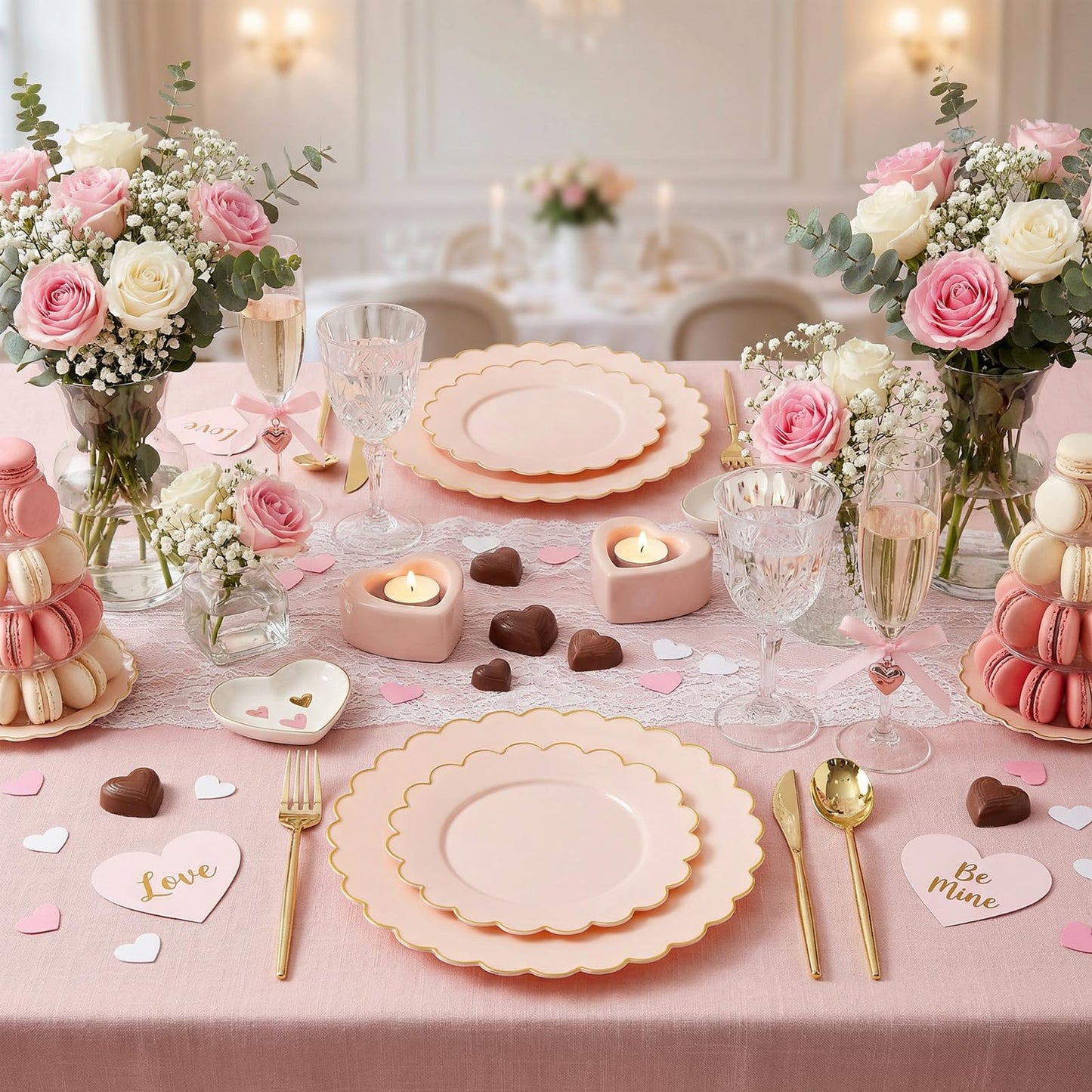 LIYH 60 Pcs Pink Plastic Plates with Gold Pink Plates Disposable Plate Includes 30 Dinner 10.25" and 30 Dessert Plate 7.5" for Baby Shower,Weddings,Parties,Birthday,Mothers Day