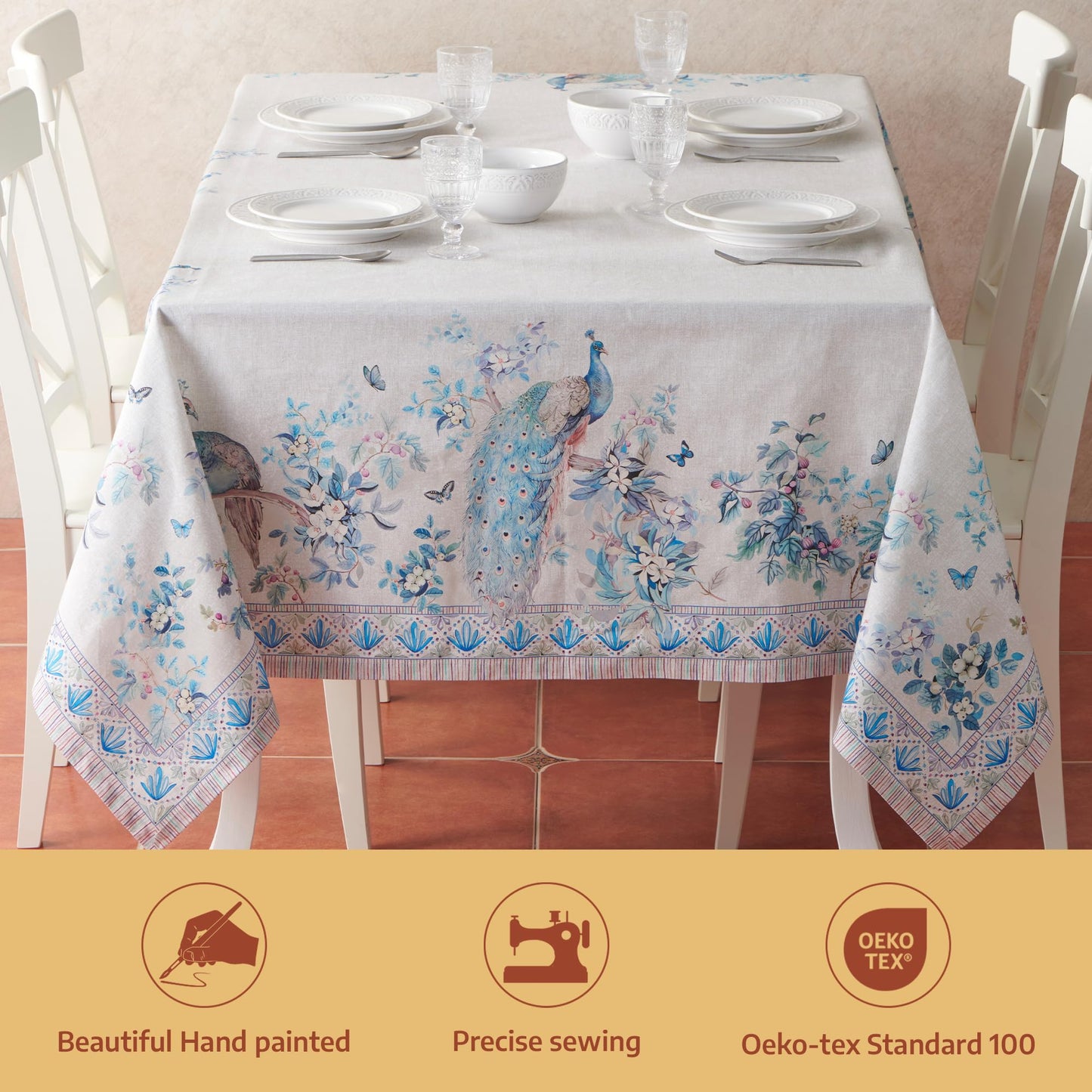 Maison d' Hermine Premium Table Cloth Rectangle Table 100% Combed Cotton 90 x 70 Inches Tablecloth Reusable Decorative for Dining Room, Farmhouse, Party, Festive & Wedding - Peacock Utopia - Orginal