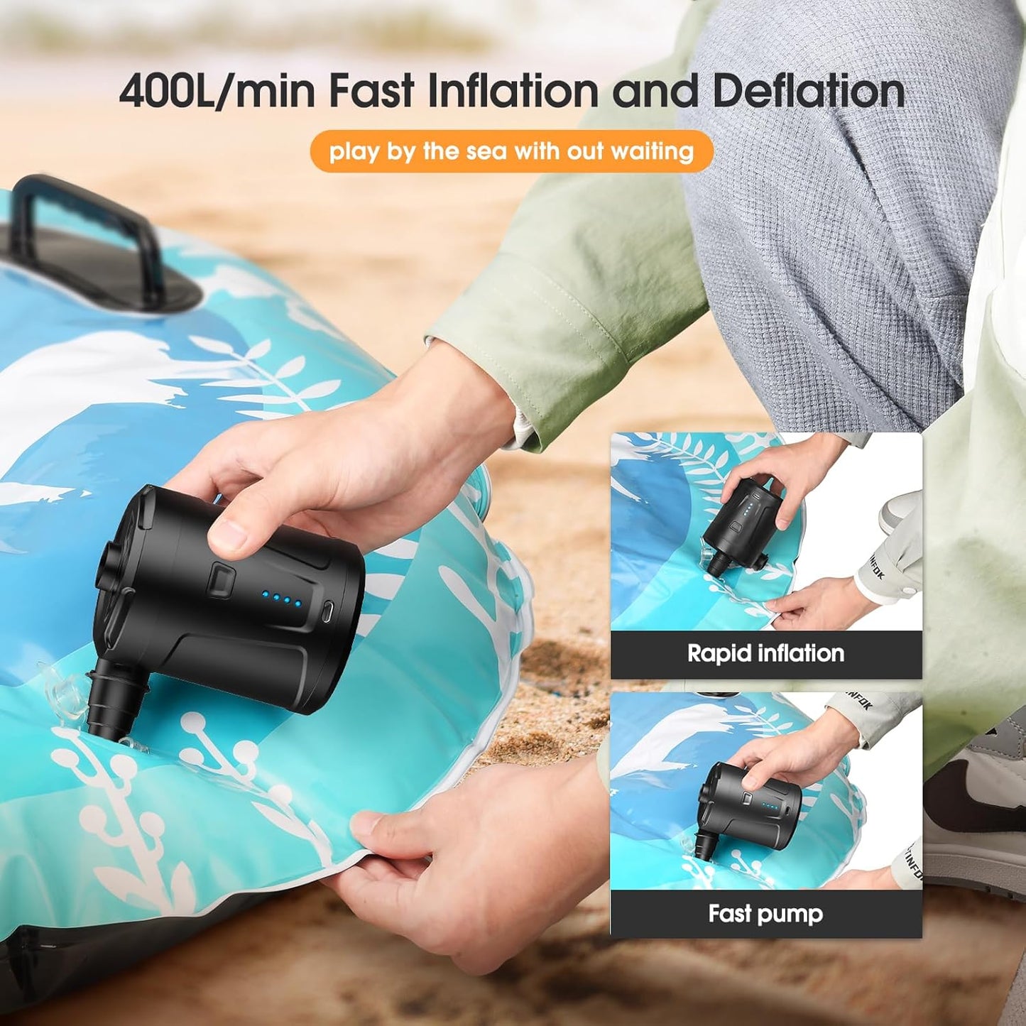 **Air Pump for Inflatables - Skiennix Electric Air Mattress Pump with 5200mAh Battery & 4 Nozzles**