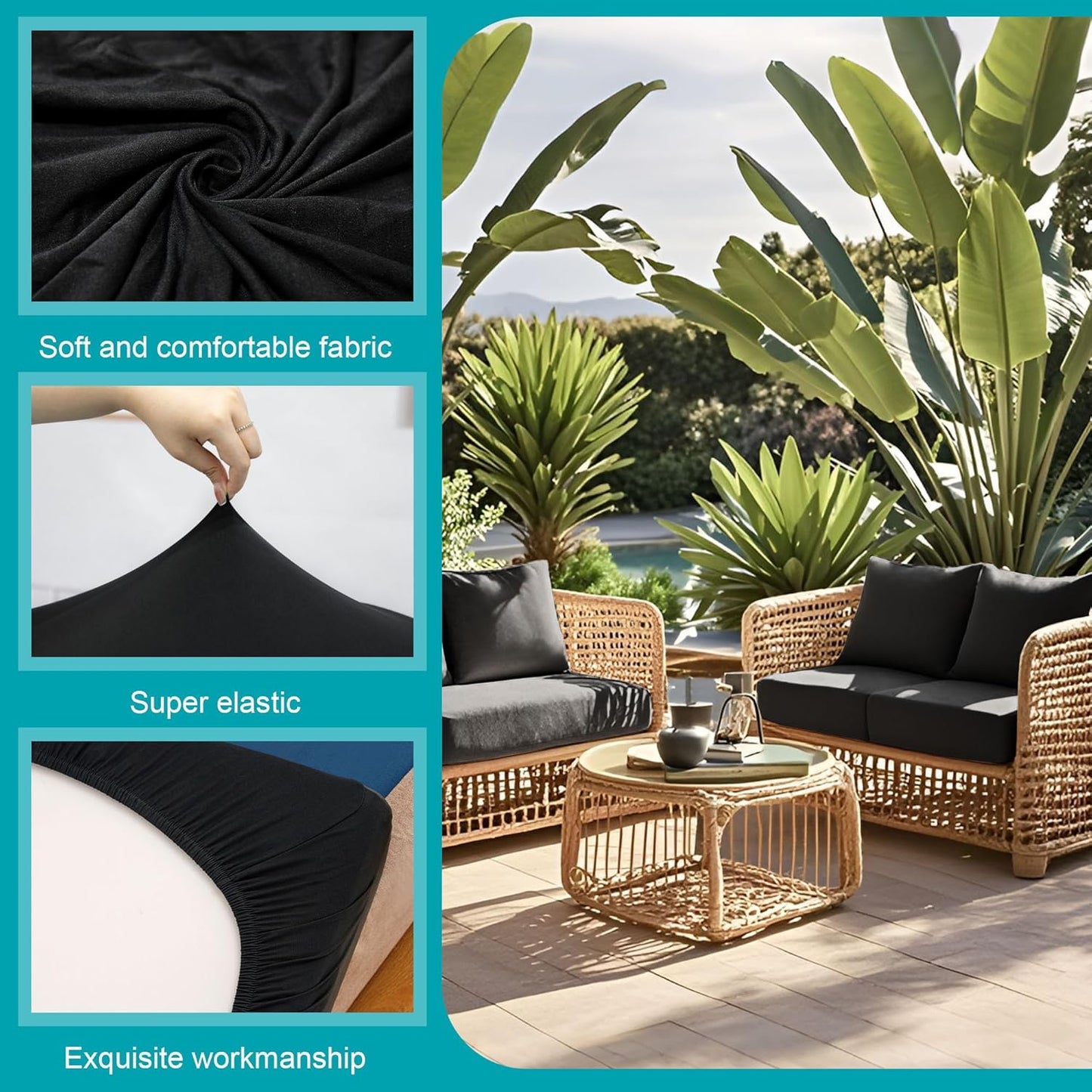 Skiennix 12 Pcs Stretch Patio Cushion Covers - Washable Outdoor Sofa Slipcovers | Black, Cover Only