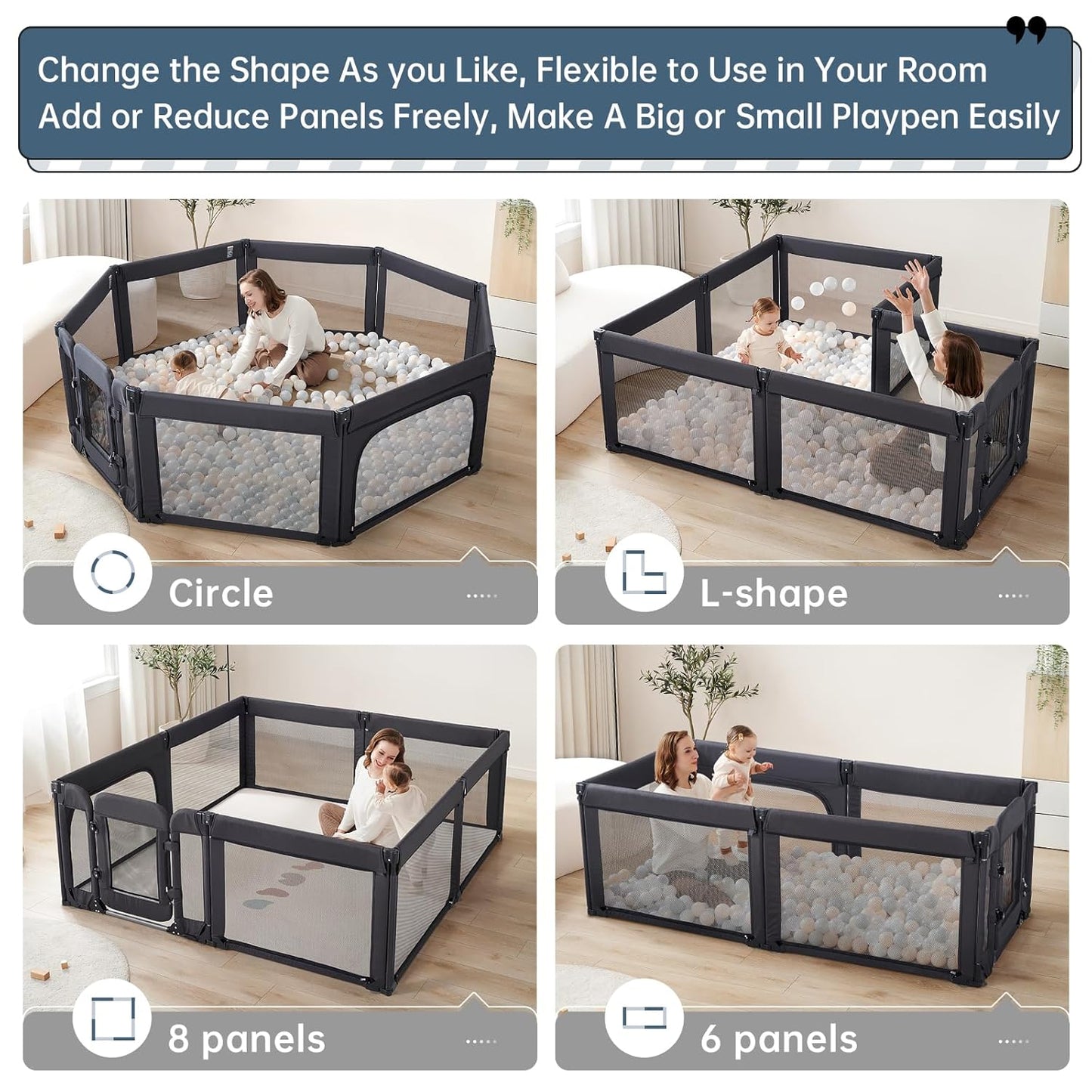 Large Baby Playpen - Adjustable 79x71 Inch Foldable Indoor & Outdoor Safety Fence | Black Mesh Design