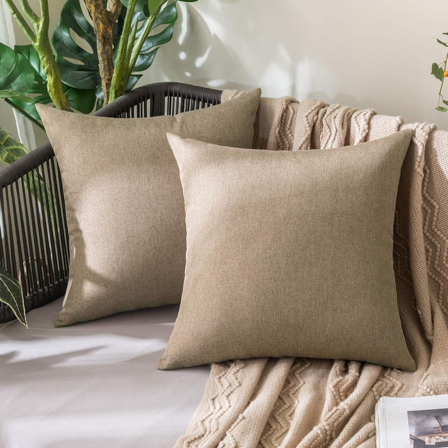 MIULEE Decorative Outdoor Throw Pillow Covers - Waterproof Faux Linen Cushion Cases | 26x26 Inch Khaki (Pack of 2)