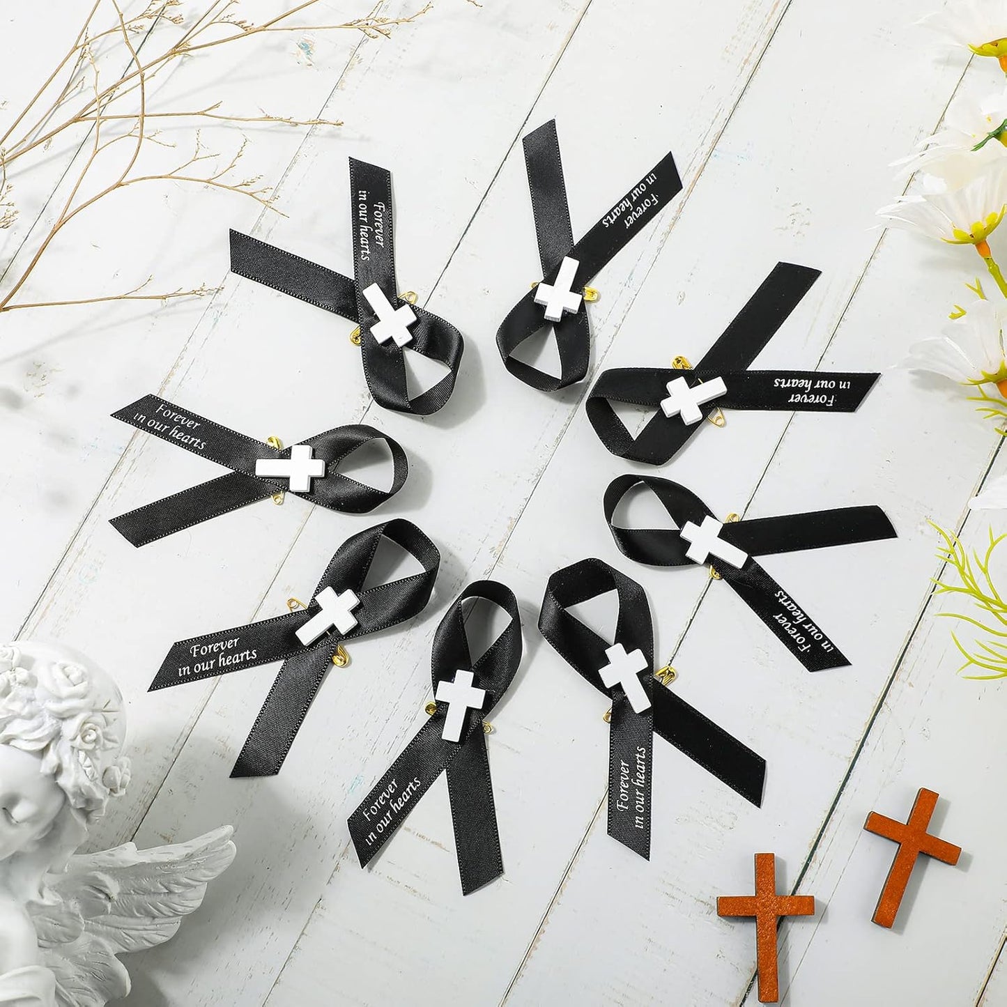 Regine Switzerland 50 Pcs Memorial Funeral Ribbons - Cross Pins for Mourning Events | Black