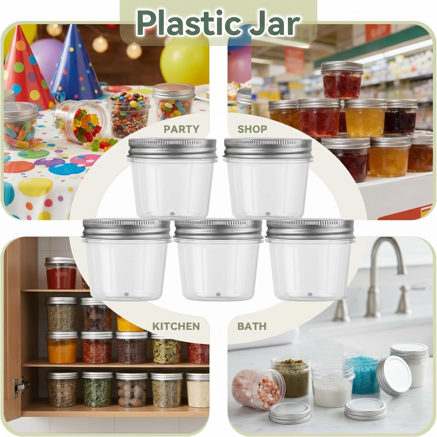 novelinks 4 oz Small Plastic Jars with Lids, 20 Pack Mini Plastic Mason Jars with Lids 4oz, Craft Storage Containers & Canning Jars & Small Spice Jars for Kitchen Organization (20 Pack,Silver)
