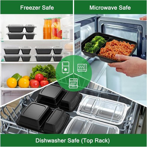 Dealusy 28 oz Meal Prep Containers - 50 Pack, Sturdy Leakproof & Reusable with Lids | 2-Compartment Design, Black