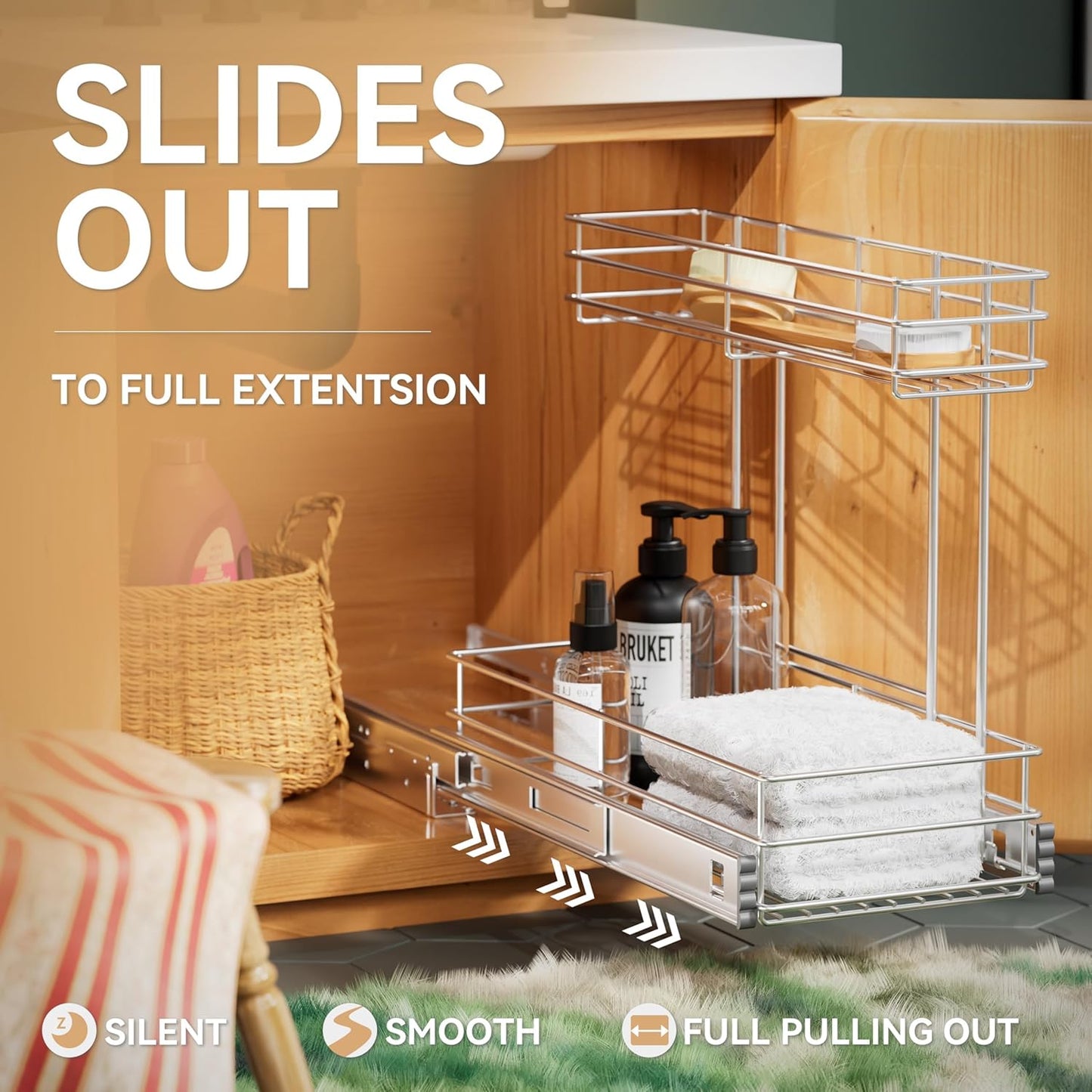 Under Sink Organizer by [Brand Name] - 2-Tier Pull-Out Cabinet Organizer | Chrome Plated, 9"W x 18.5"D