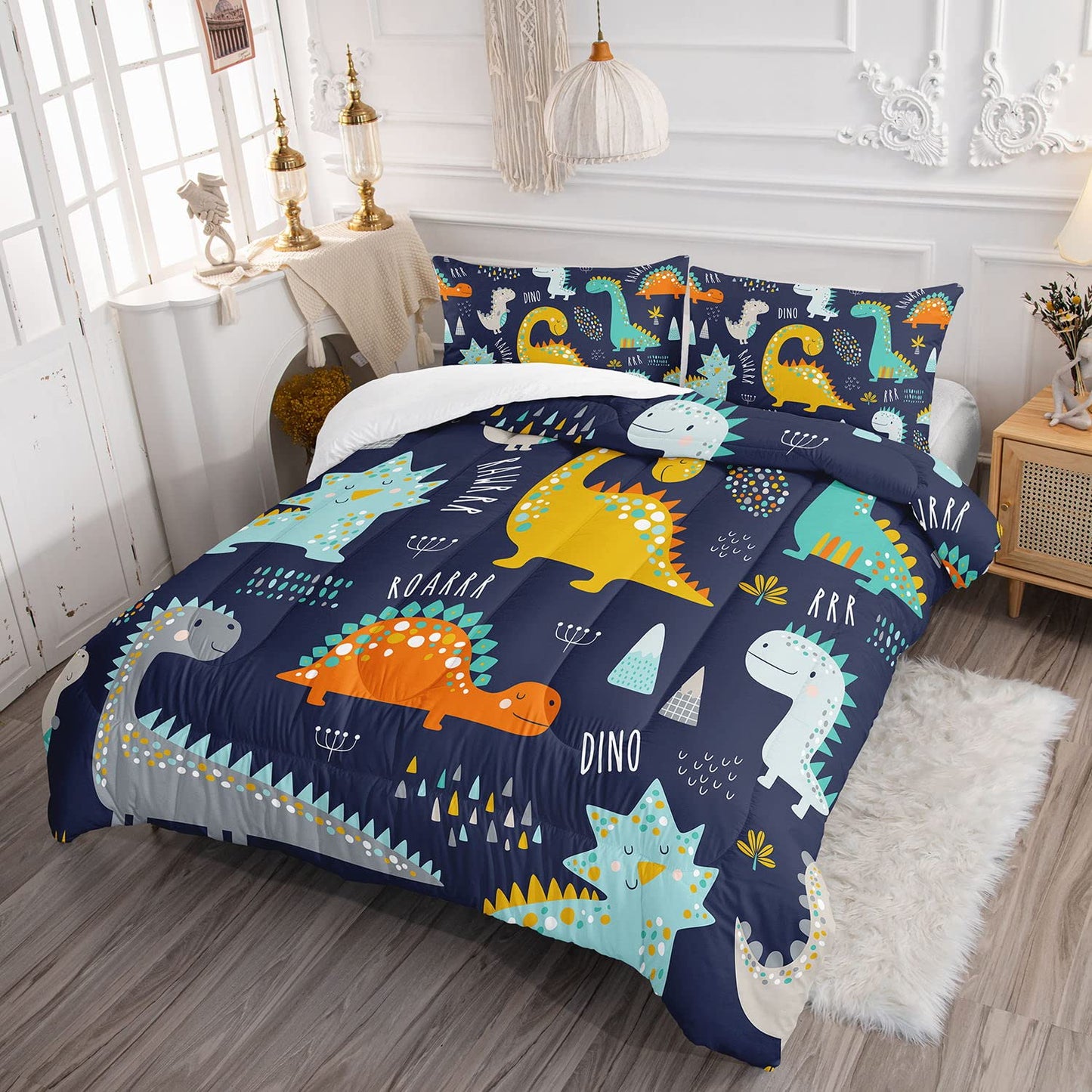 Datura home Bedding Comforter Set Kawaii Cartoon Dinosaur Printed Pattern with 1 and 2 Pillowcases for Boys Bedroom All Season(Cute Dinosaur Full) Full 80x90inches