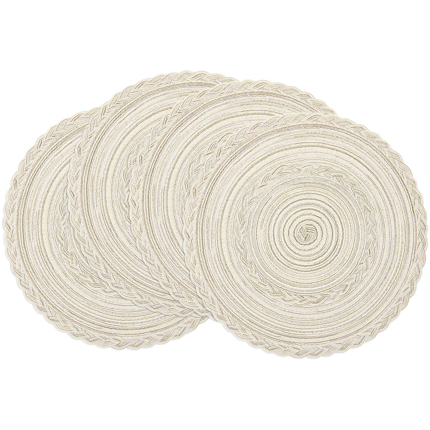 SHACOS Round Placemats Set of 4 Boho Braided Border Place Mats for Dining Tables Wedding Holiday Party (Ivory Bordered, 4)