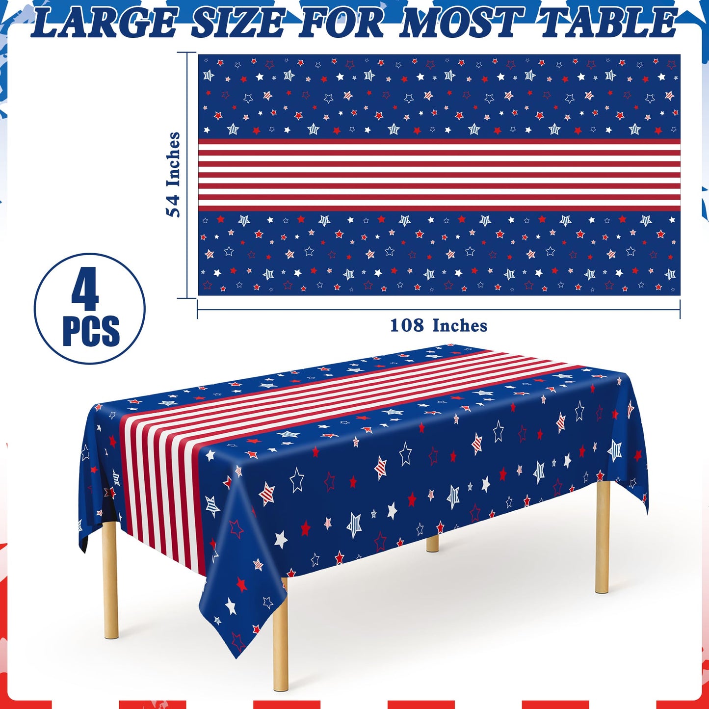 QZYL 4 Pack 4th of July Decorations, 54" x 108" USA Plastic Table Cloth, Tear Resistant Patriotic Tablecloth Fourth of July Tablecloths American Tablecover, Red White Blue Party Supplies