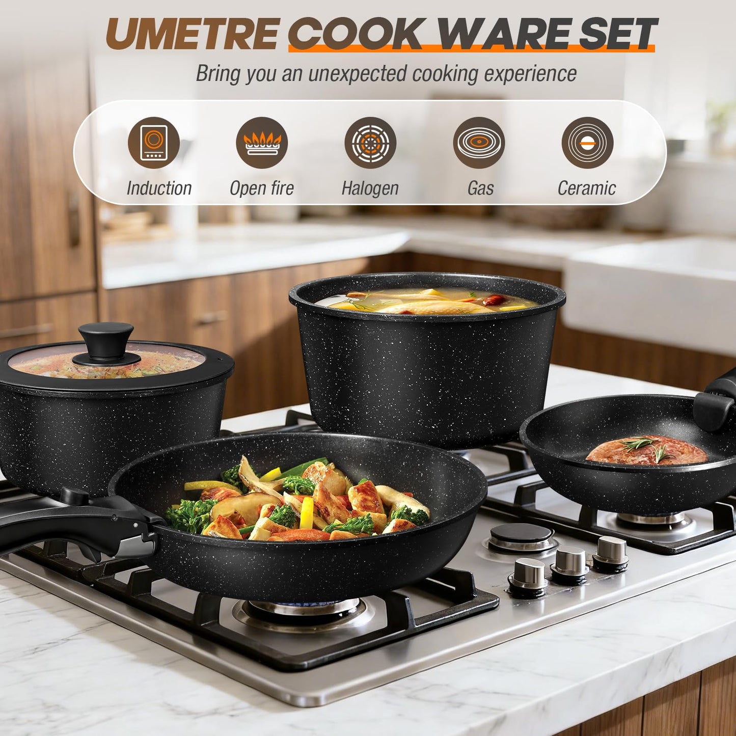 UMETRE pots and Pans Set, Nonstick Cookware Set Detachable Handle, Induction Kitchen Cookware Sets with Removable Handle, Non Stick RV Cookware Set, Dishwasher ＆ Oven Safe (21 PCS)