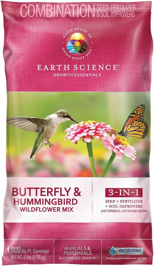 Earth Science Wildflower Seed Mix - 3-in-1 Premium Blend for Butterflies & Hummingbirds | 6 lb Non-GMO