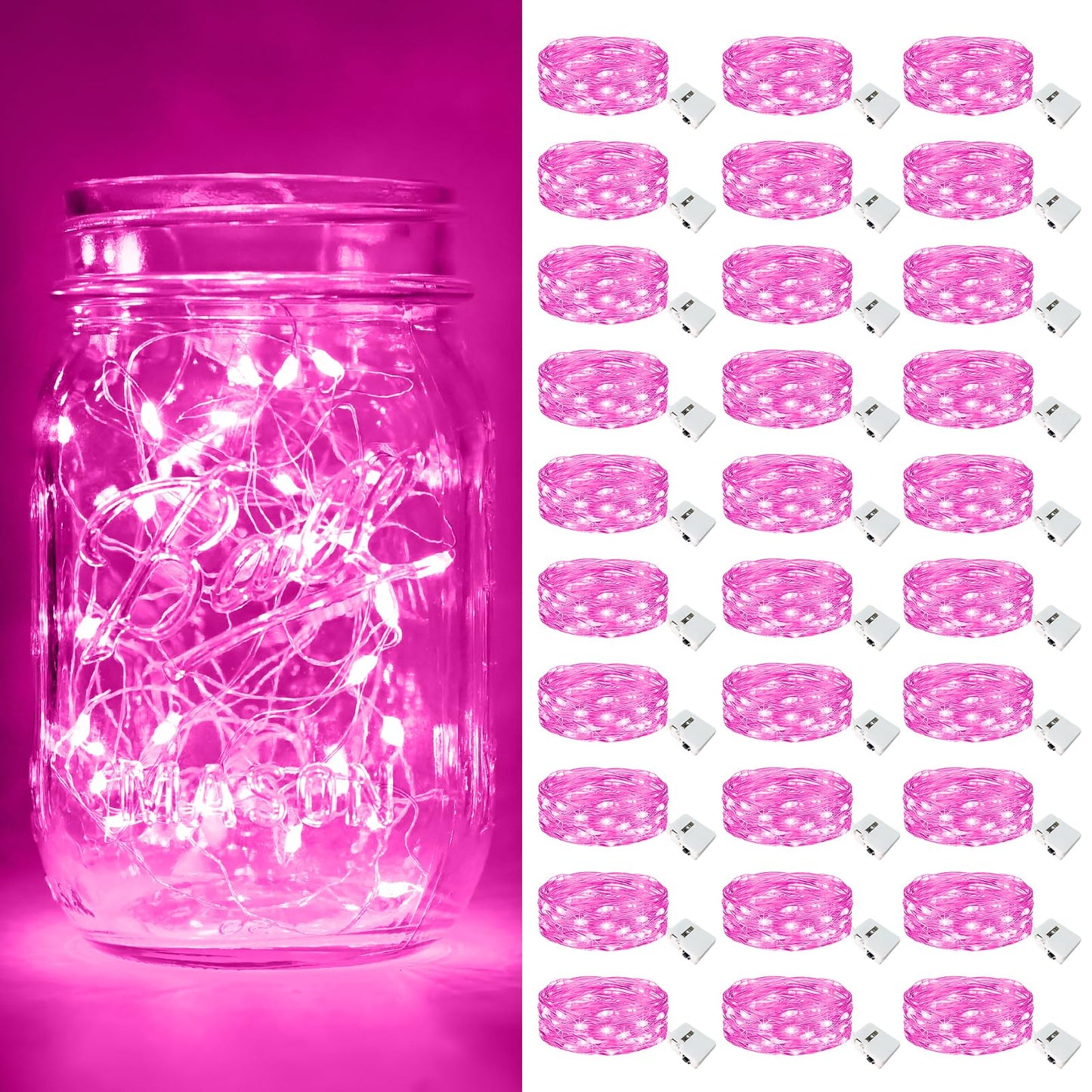 btfarm Valentine's Day 30 Pack Pink Fairy Lights Battery Operated 3 Modes, 7ft 20 Led Twinkle String Lights Waterproof, Bulk Small Mini Light for Mason Jars Christmas Vases Wedding Table Decorations
