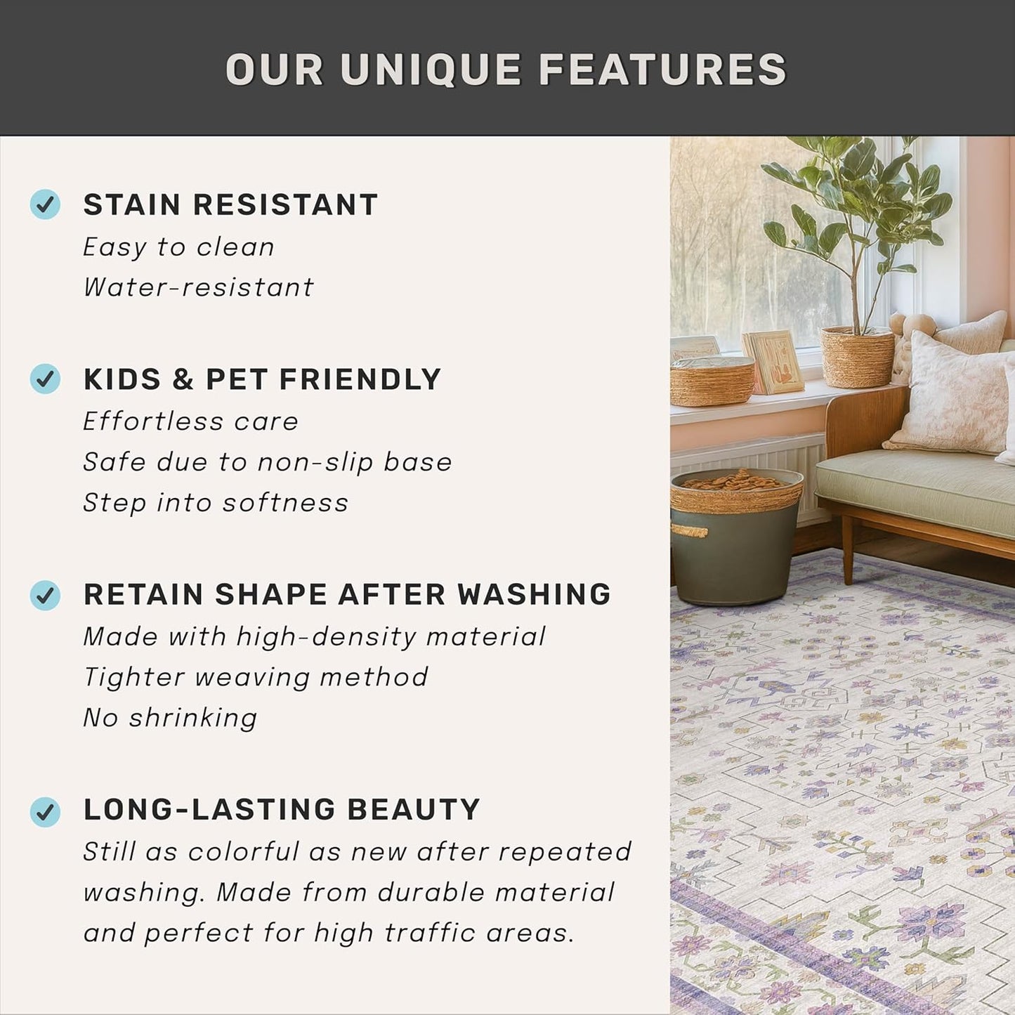 Skiennix 8x10 Large Lavender Area Rug - Floral Design, Non-Slip, Stain Resistant, Washable Carpet