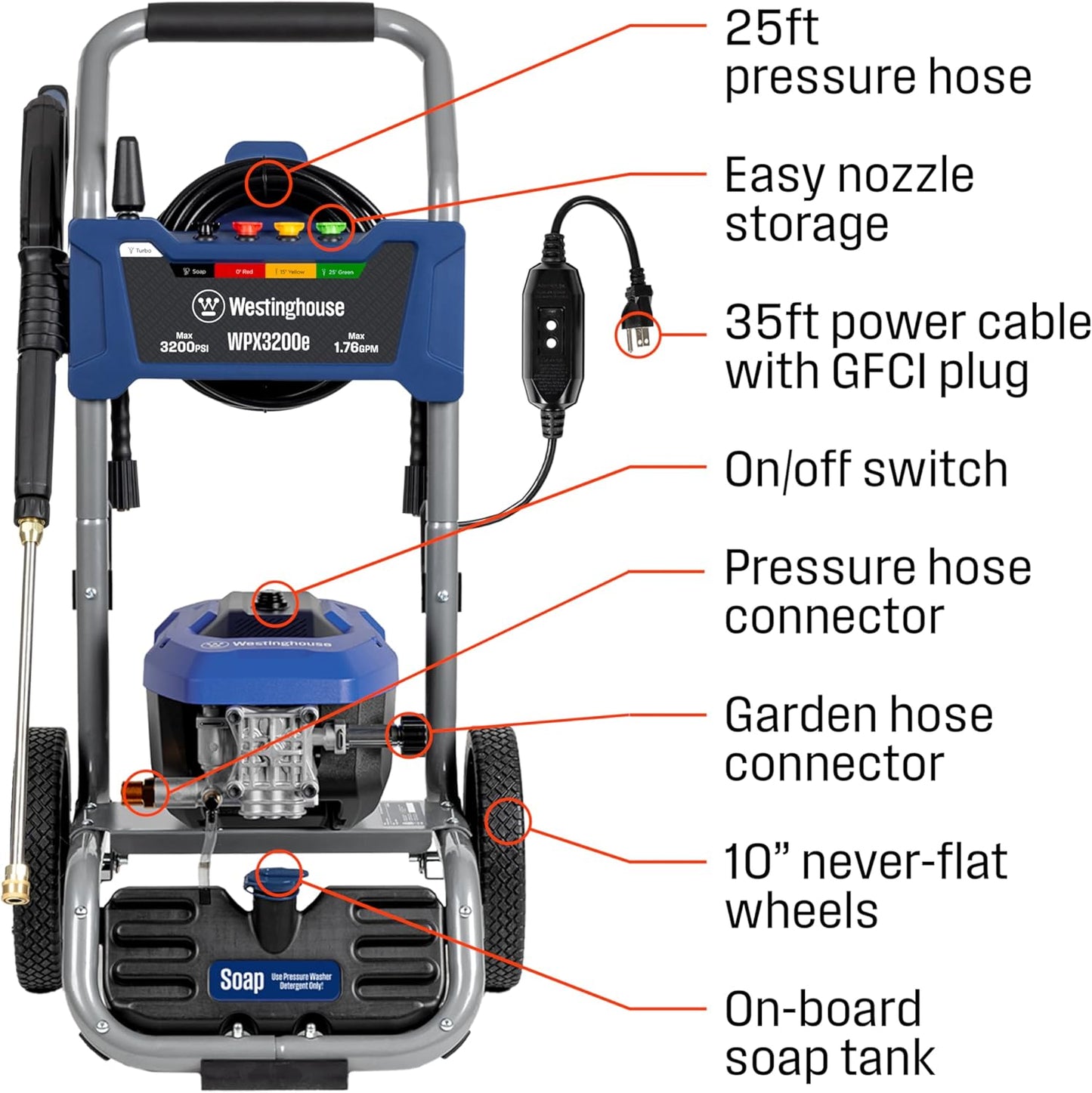 Westinghouse WPX3200E Electric Pressure Washer - 3200 Max PSI, Onboard Soap Tank & 5 Nozzle Set