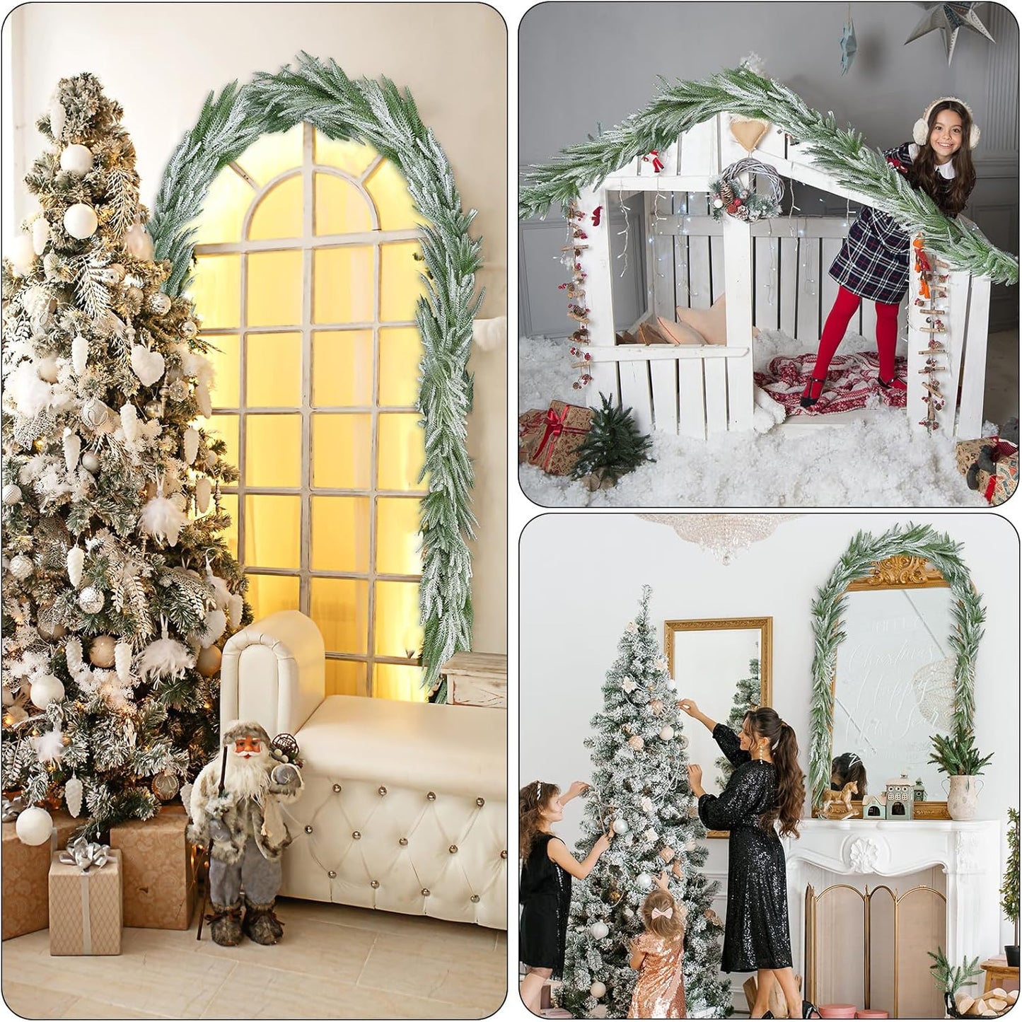 Snow Flocked Norfolk Pine Garlands, 108 Inch Real Touch Winter Pine Garland, Green Artificial Greenery Garland for Table, Mantle, Wall, Indoor, Outdoor Christmas Decorations