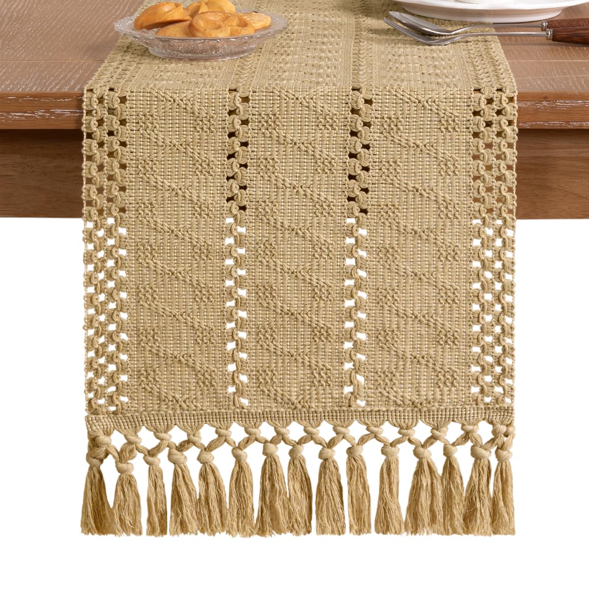 Socomi Boho Table Runner Macrame Summer Farmhouse Woven Cotton Linen Rustic Coffee Table Runner with Tassels for Small Dresser Scarf Home Decor Dining Room 12x72 inch Champagne