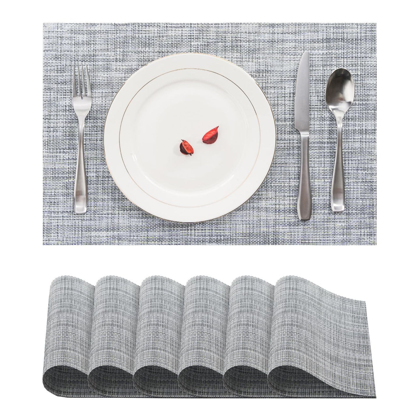 BACKTOEDEN Placemats Set of 6 Heat Resistant Washable Wipeable Placemat Woven Non-Slip Foldable Vinyl/Plastic Place Mats Indoor/Outdoor Mat Kitchen Dining Table Pad, Gray