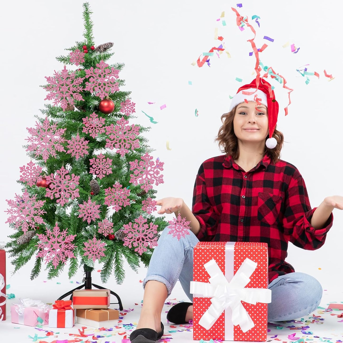 Skiennix 36pcs Christmas Light Pink Snowflake Ornaments - Glittery Plastic Decorations for Winter Trees