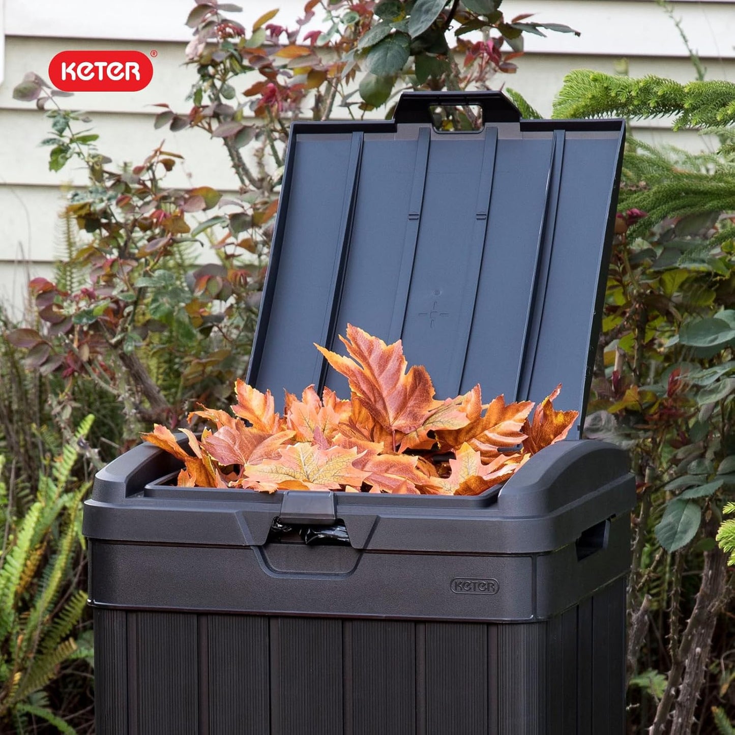 Keter Baltimore 38 Gallon Outdoor Kitchen Trash Can - Resin with Lid & Drip Tray for Easy Cleaning | Black