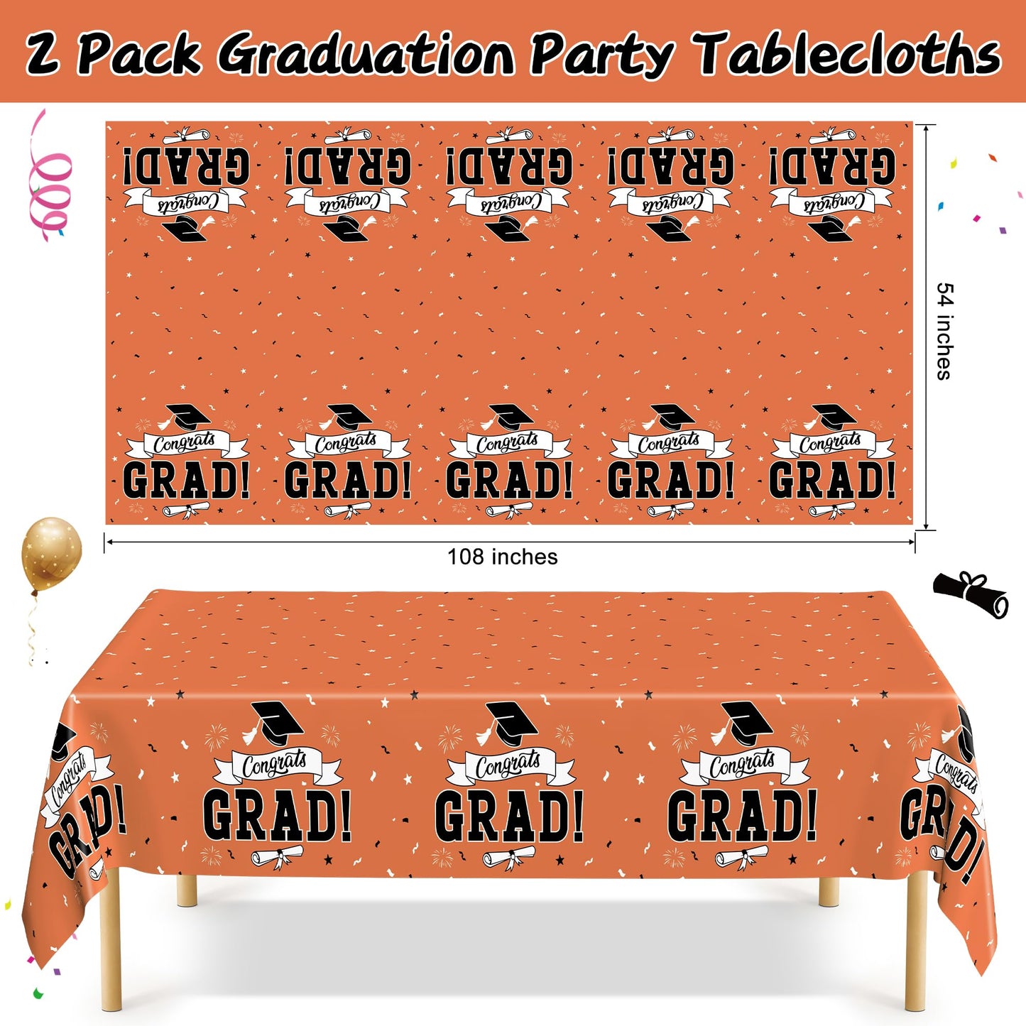QZYL 2Pcs 2026 Graduation Table Cloths, 108" X 54" Orange Grad Party Decorations, Disposable Plastic Tablecover for Grad Decor Party Supplies, Rectangle Table Cloths for Class 2026 Congrats Grad