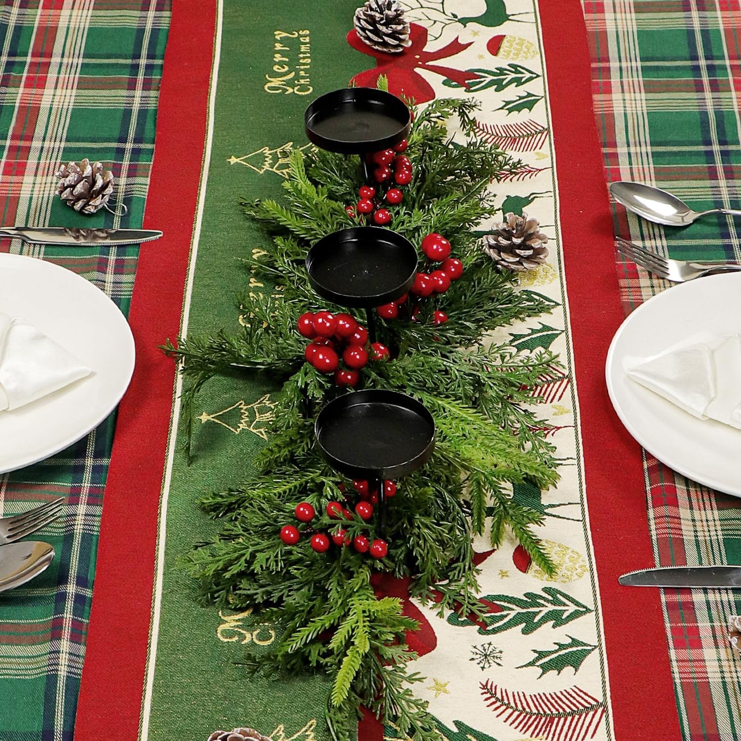 Regine Switzerland Rustic Christmas Candle Holder - 3 Tray Design with Norfolk Pine & Red Berries | 40cm Holiday Centerpiece