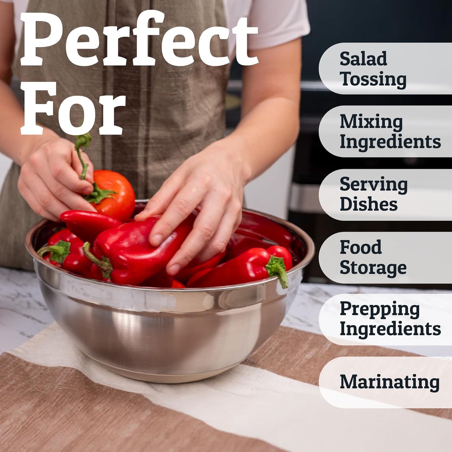 Priority Chef 6-Piece Stainless Steel Mixing Bowls Set - Non-Slip Bases & Airtight Lids | Khaki