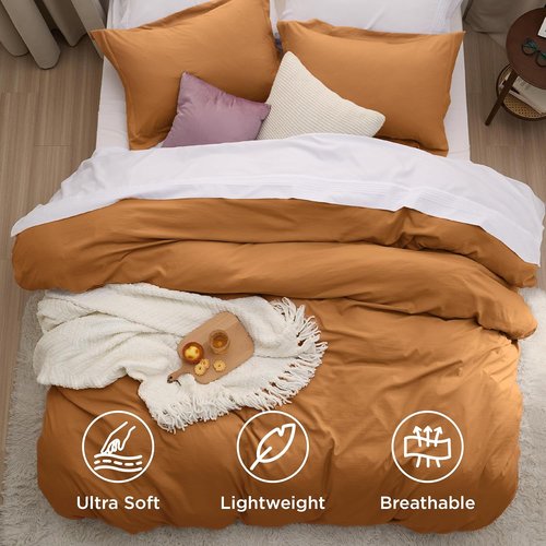 Bedsure Honey Ginger Duvet Cover - Extra Soft Prewashed Cotton Twin Set, 68x90 Inches with Zipper Closure & Pillow Sham