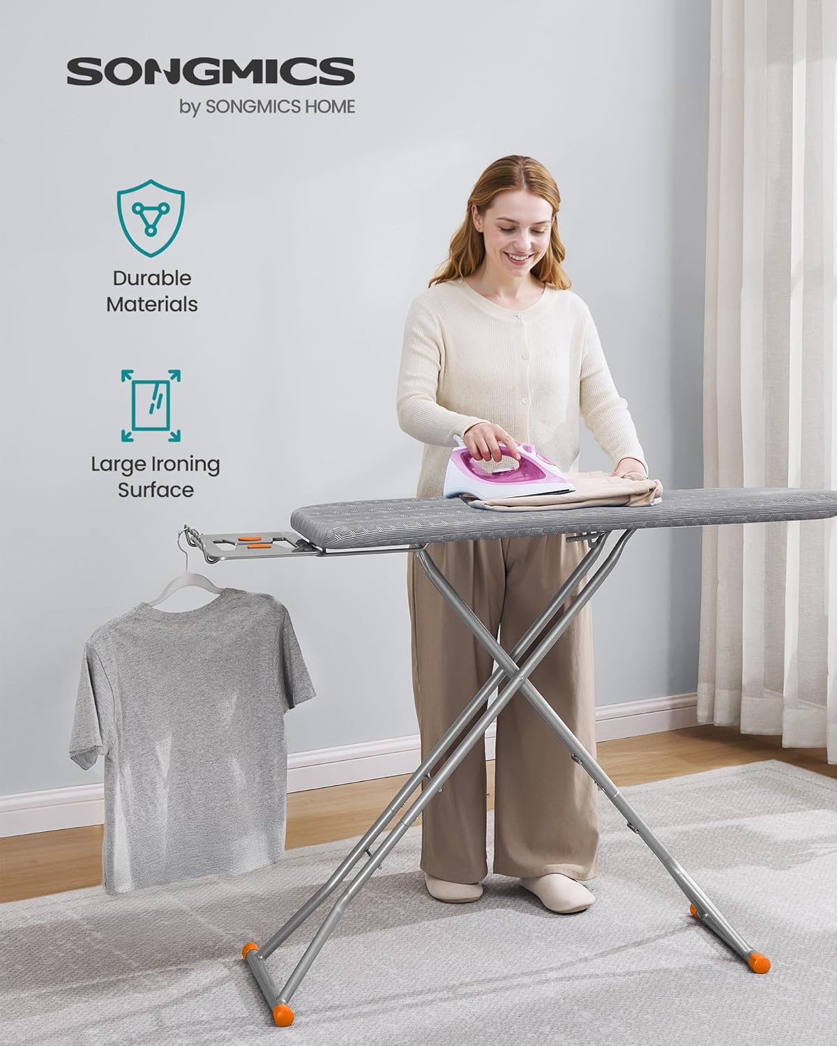 SONGMICS Ironing Board - Foldable & Height Adjustable with Retractable Iron Rest - 43 x 13 Inches, Dove Gray