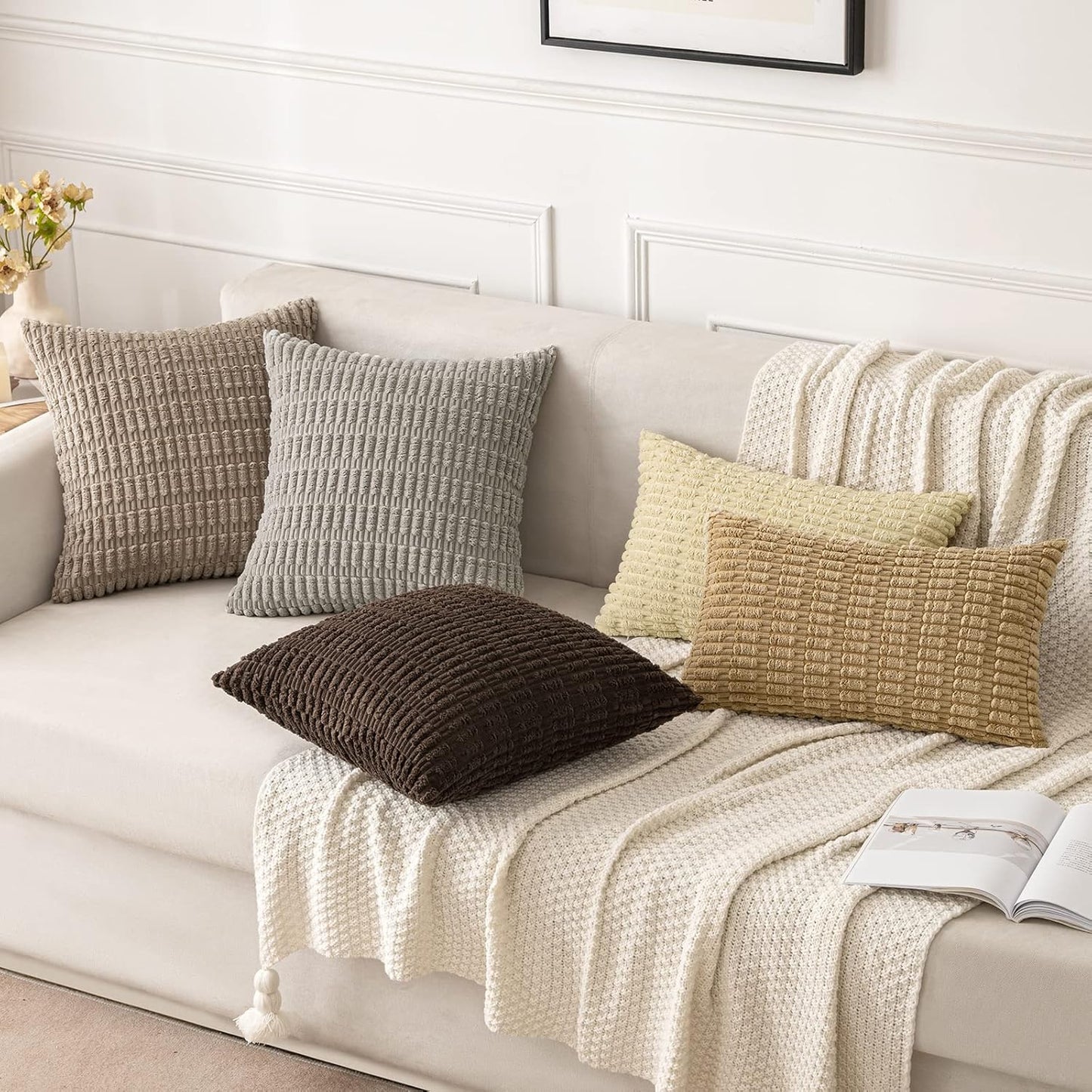 MIULEE Corduroy Lumbar Throw Pillow Covers - Soft Boho Striped Design, 20x12 Inch, Beige | Modern Farmhouse Decor