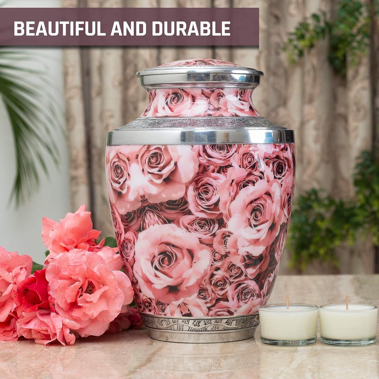 BOLD & DIVINE Hand Painted Pink Rose Cremation Urn | Human Ashes Adult Memorial urn, Burial, Funeral Cremation Urns |200 Cubic Inches Adult Large