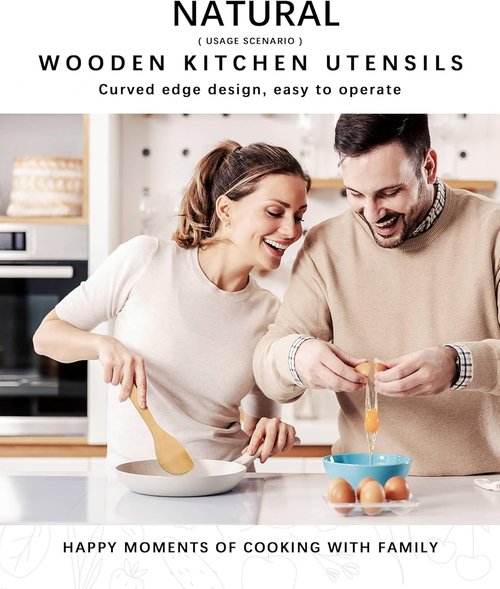 Bamboo Kitchen Utensil Set - 3PCS Wooden Cooking Spoons & Spatula for Non-Stick Pans