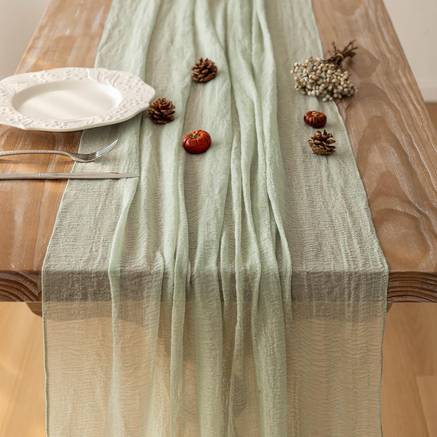 Keketoarrange 10pcs Sage Green Spring Easter Cheesecloth Table Runner 120 Inch 10 FT Rustic Boho Cheese Cloth Runner for Wedding Baby Shower Bridal Shower Sheer Gauze Centerpiece Home Decorations