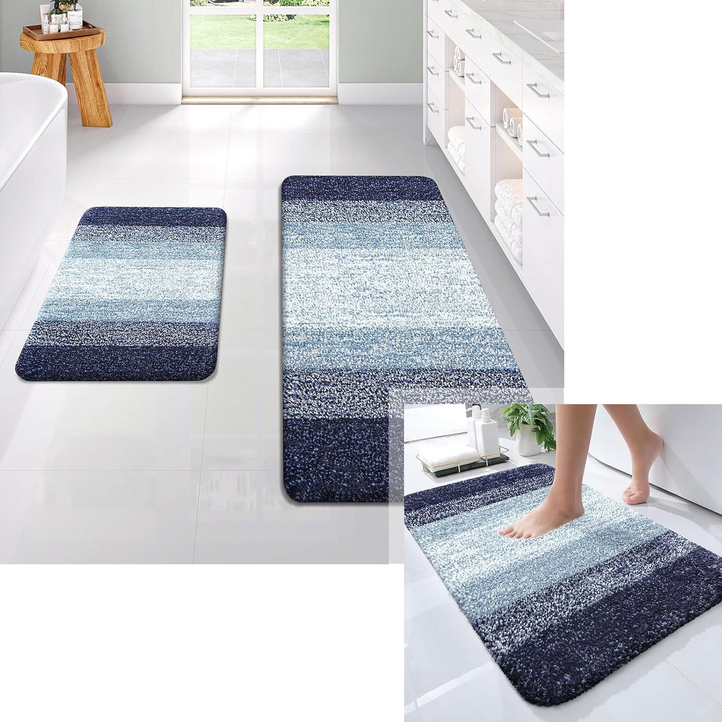 OLANLY Ombre Bath Rug Set - Soft & Absorbent 2-Piece Bathroom Rugs in Airy Blue | 24x16 & 47x20 Inches