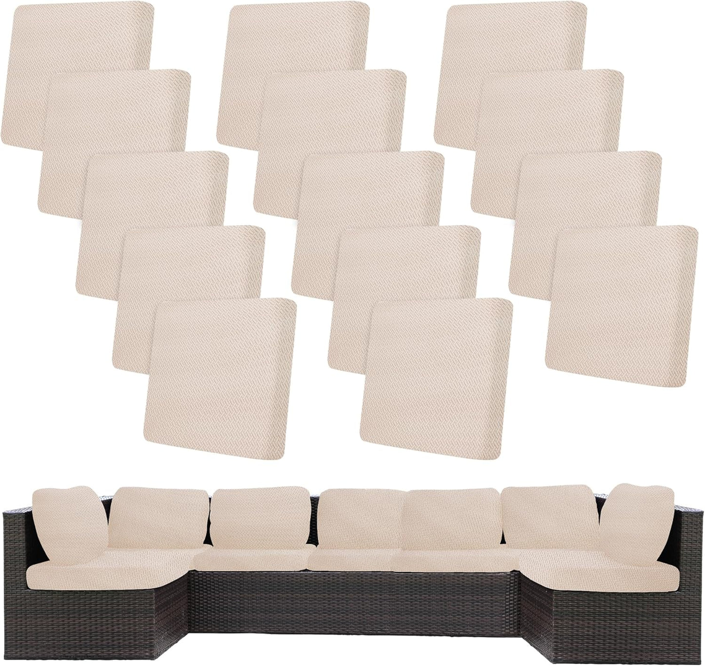 Skiennix 14-Piece Stretch Patio Cushion Covers - Washable & Reusable Outdoor Sofa Slipcovers | Beige