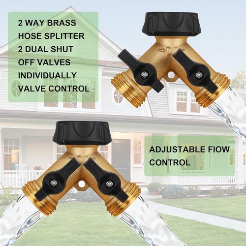 Biswing Garden Hose Splitter - Heavy Duty Brass 2-Way Tap Connector with 2 Valves & Extra Washers