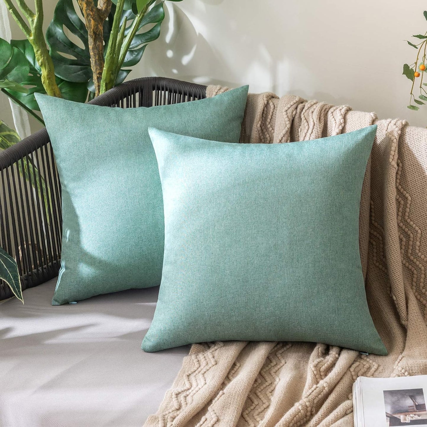MIULEE Decorative Outdoor Throw Pillow Covers - Waterproof Faux Linen Cushion Cases | 26x26 Inch Teal, Set of 2