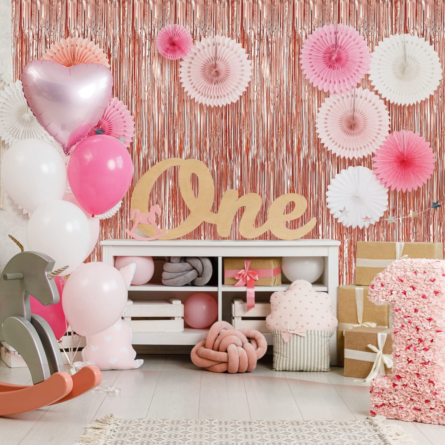Crosize 4 Pack 3.3 x 9.9 ft Rose Gold Foil Fringe Backdrop Curtain, Streamer Backdrop Curtains, Streamers Birthday Party Decorations, Tinsel Curtain for Parties, Photo Booth Backdrops, Party Décor