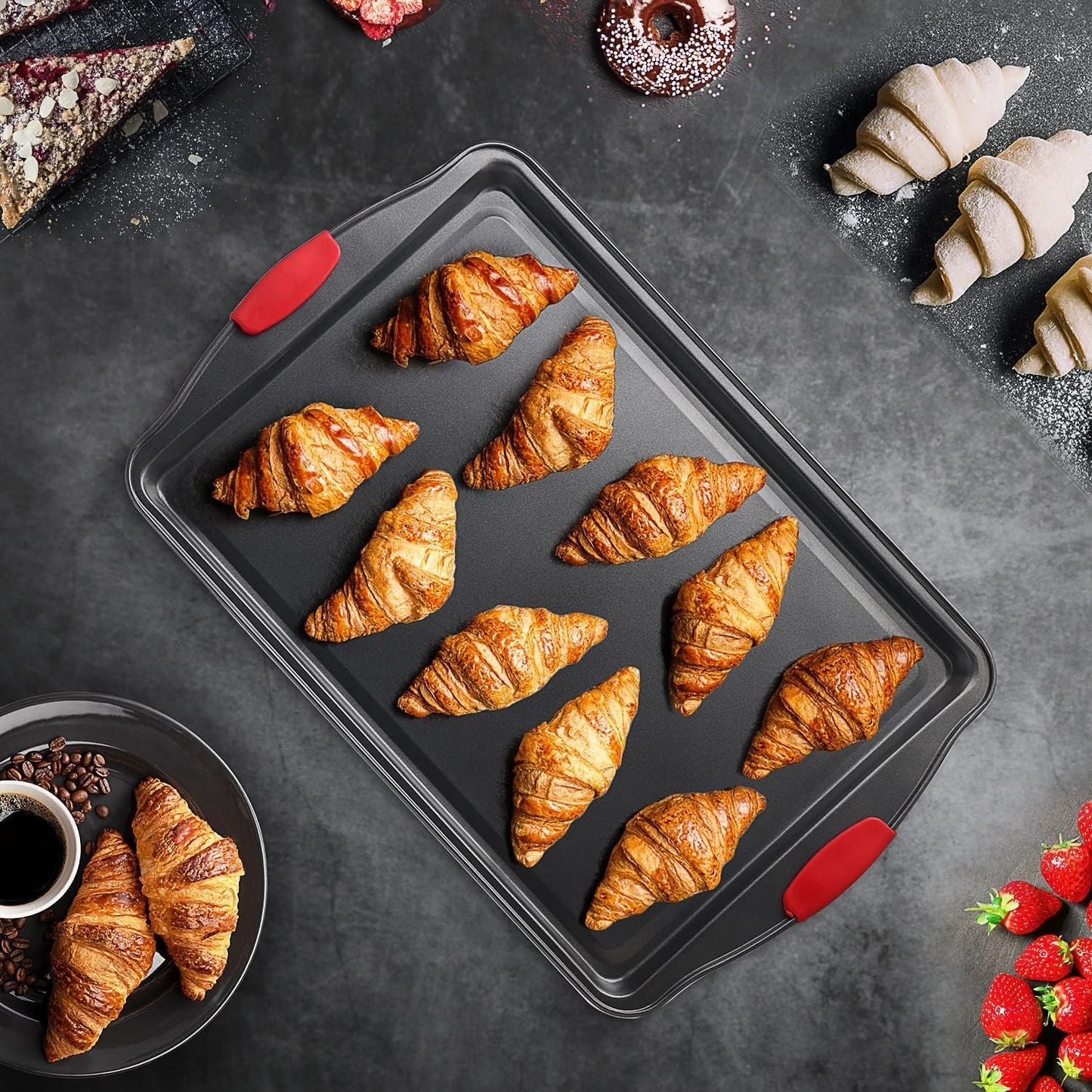 Skiennix Baking Sheet Set - 2-Piece Nonstick Cookie Sheets with Silicone Handles | Durable Black Steel Pans