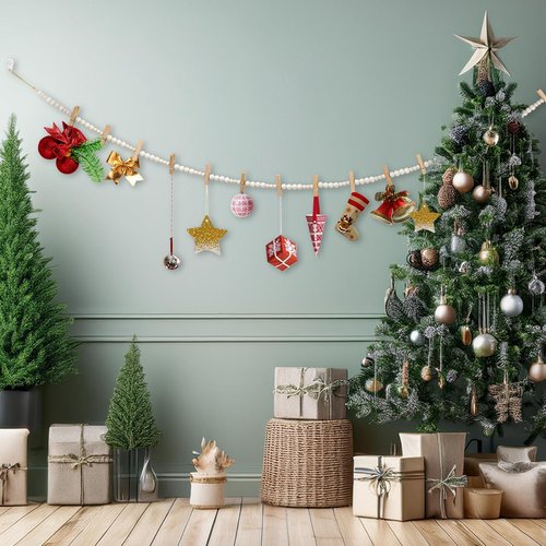 Hanging Photo Display Wall Decor with 45 Wood Clips, YuanDe 67 Inches Boho Wooden Bead Garland Collage Picture Frame Photos String DIY, Photo Hanger for Bedroom Office Dorm Room Decor Gifts(3PCS)
