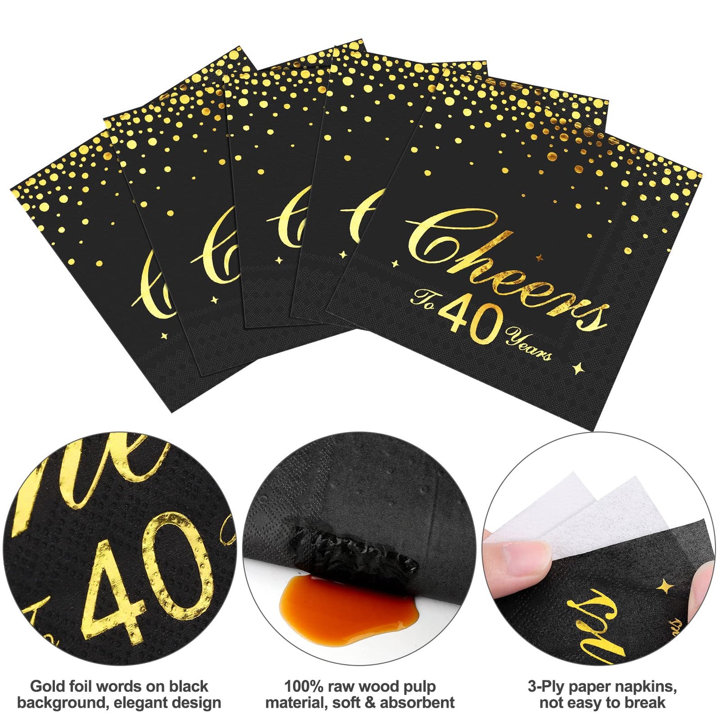 durony 60 Pieces Cheers to 40 Years Paper Napkins Black Gold Foil 3-Ply Party Napkins Folded 5 x 5 Inch Cocktail Napkins for 40th Anniversary Birthday Retirement Party Supplies Decorations