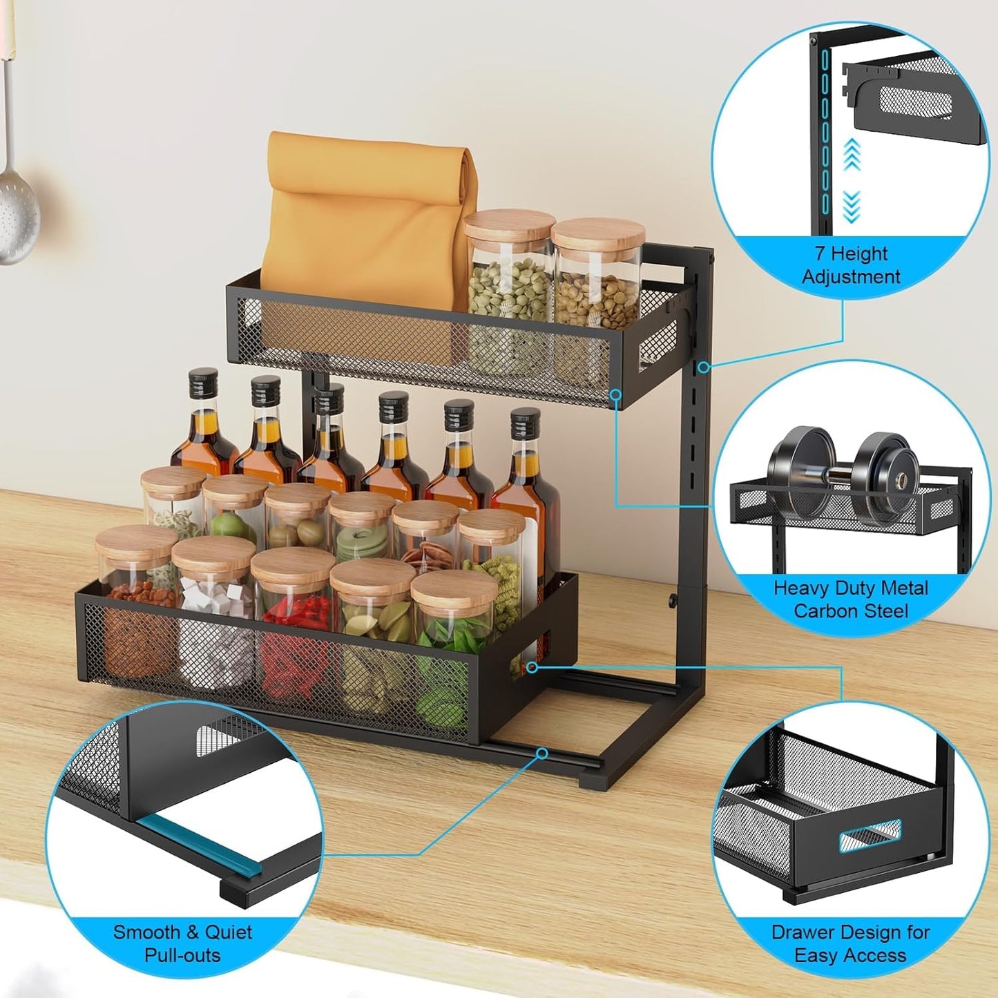 Petiza Under Sink Organizer - Adjustable Height 2-Tier Cabinet Storage with Sliding Drawers | Kitchen & Bathroom
