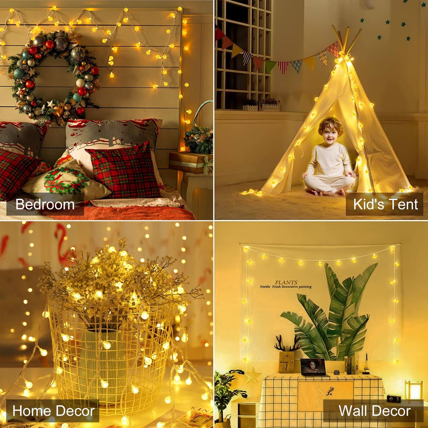 Minetom Globe String Lights - Plug in 33 ft 100 LED Crystal Globe Fairy Lights with 8 Lighting Modes and Remote for Patio Yard Porch Garden Pool Tent Beach Bedroom Wedding Party Decor, Warm White