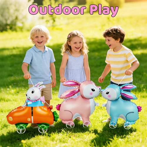 3Pcs Easter Walking Bunny Balloons With Wheels for Kids, Pull Along Walking Bunny Foil Balloons for Easter Birthday Party Favors, Self-Standing Walking Balloon Animals Decorations Gift Supplies