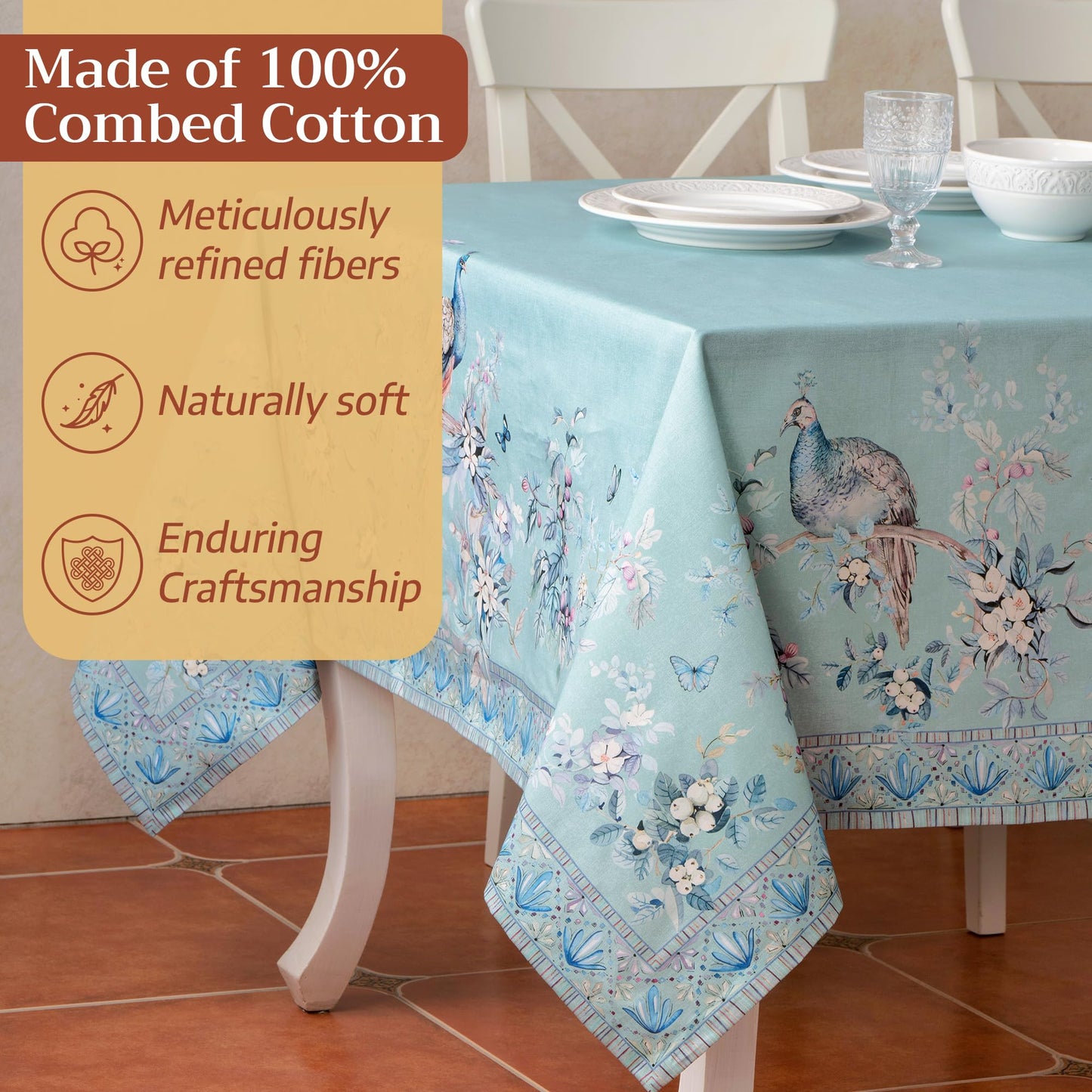 Maison d' Hermine Premium Table Cloth Rectangle Table 100% Combed Cotton 120 x 70 Inches Tablecloth Reusable Decorative for Dining Room Home Party Festive Wedding - Peacock Utopia - Pastel Turquoise