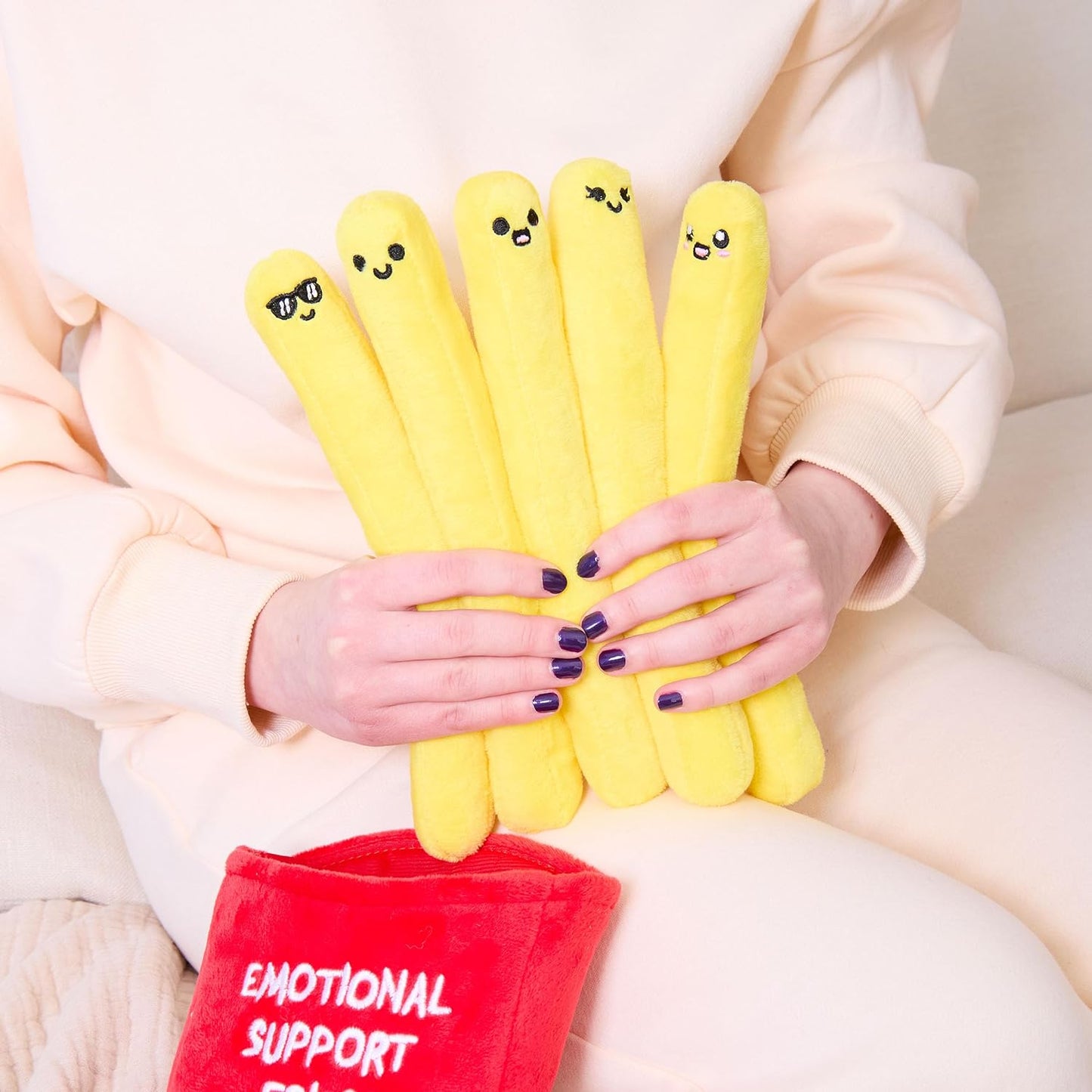 Relatable Emotional Support Fries | Cuddly Plush Toy Set with 5 Squishy Plushies & Basket - Perfect Gift for All Ages